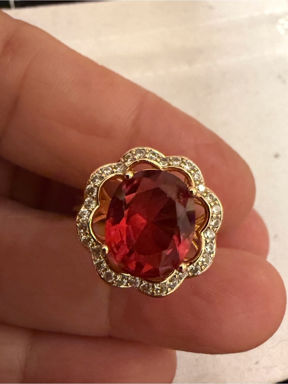 Gold-Tone Red Crystal Flower Ring - Elegant Women’s Cocktail Jewelry